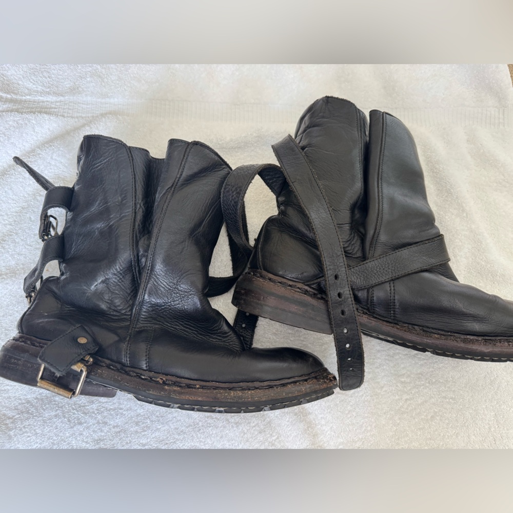 Burberry Black Leather Strap Combat Moto Boots